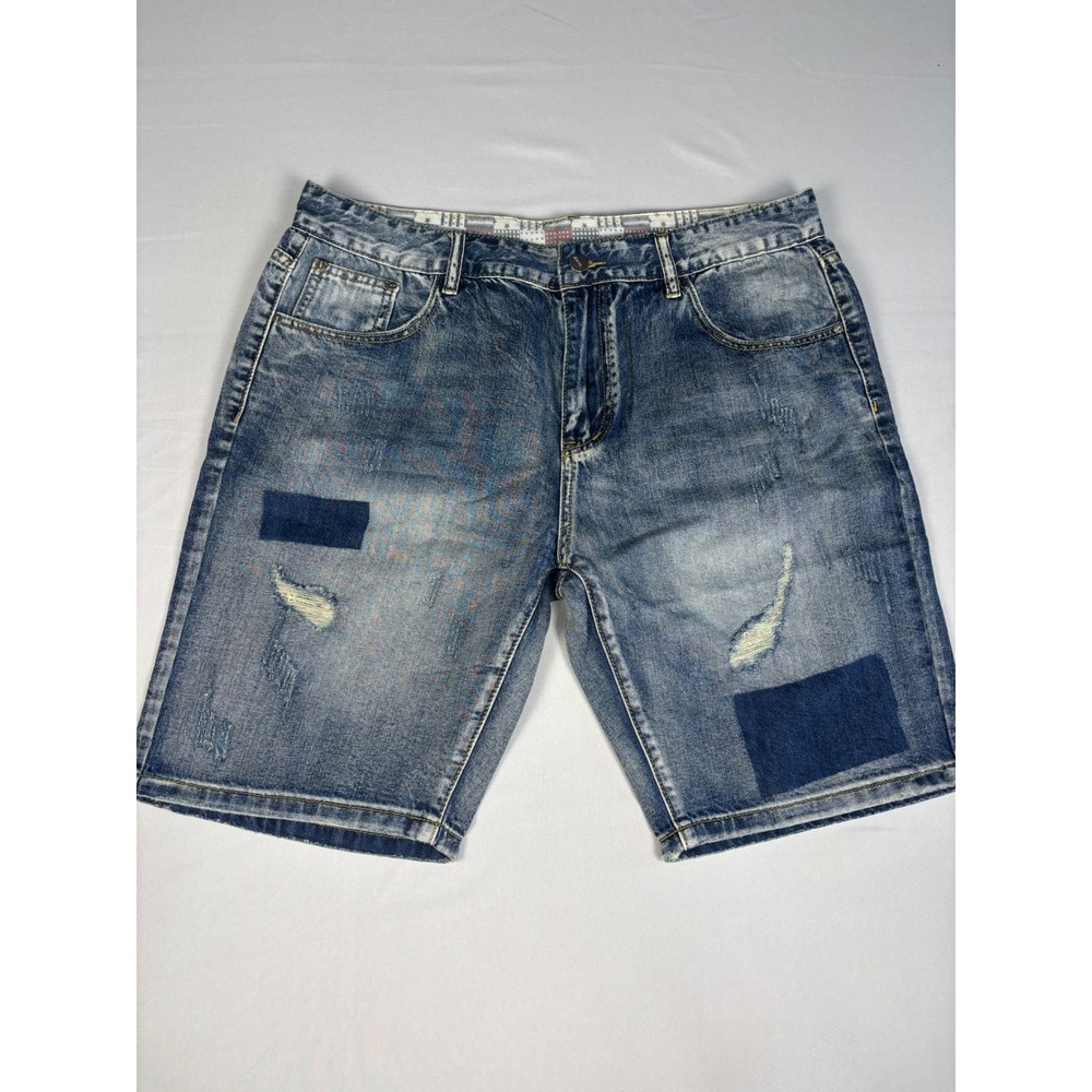 Men's Distressed Blue Denim Shorts - Casual Patch Detail